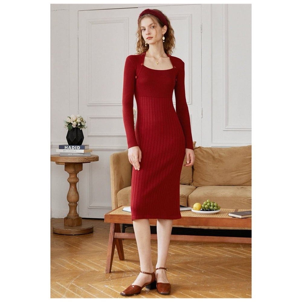 Simple retro Elegant Red Knit Dress